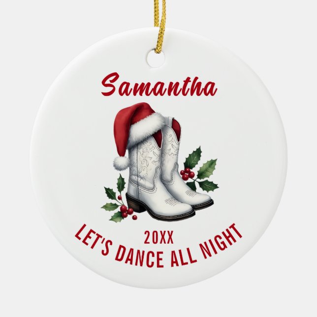 Ornamento De Cerâmica White Cowboy Boots Ornament Santa Hat (Frente)