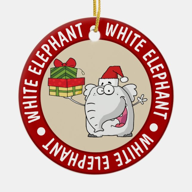 Ornamento De Cerâmica White Elephant Santa Hat dá cartoon (Frente)