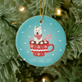 Ornamento De Cerâmica White Fluffy Dog Christmas Happy Pawlidays