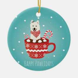 Ornamento De Cerâmica White Fluffy Dog Christmas Happy Pawlidays