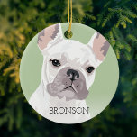 Ornamento De Cerâmica White French Buldog Natal<br><div class="desc">O legal pop-art inspirou um enfeites de natal francês de buldogue com um cão branco e francês sobre um fundo verde pastel que pode ser mudado para qualquer cor,  adicione seu nome de animais de estimação.</div>