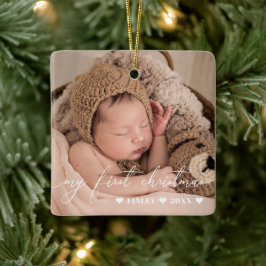 Ornamento De Cerâmica White Overlay Script Baby's First Christmas Photo
