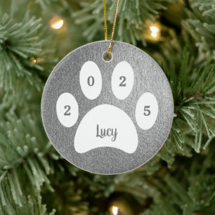 Ornamento De Cerâmica White Paw Imprime Silver Dog Foto com Nome Ano