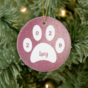 Ornamento De Cerâmica White Paw Print Rosa Dourado Dog Photo Name Year