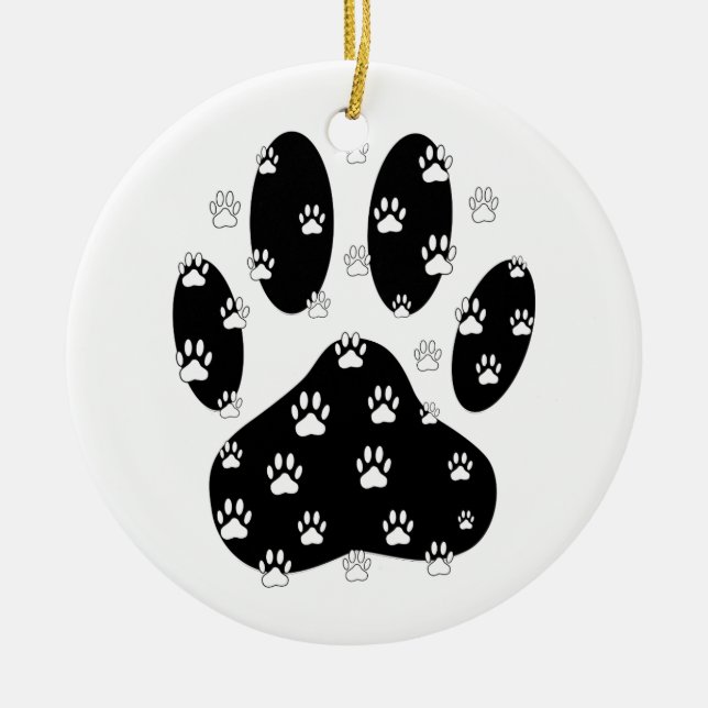 Ornamento De Cerâmica White Paws Na Impressão Da Pata Preta (Frente)