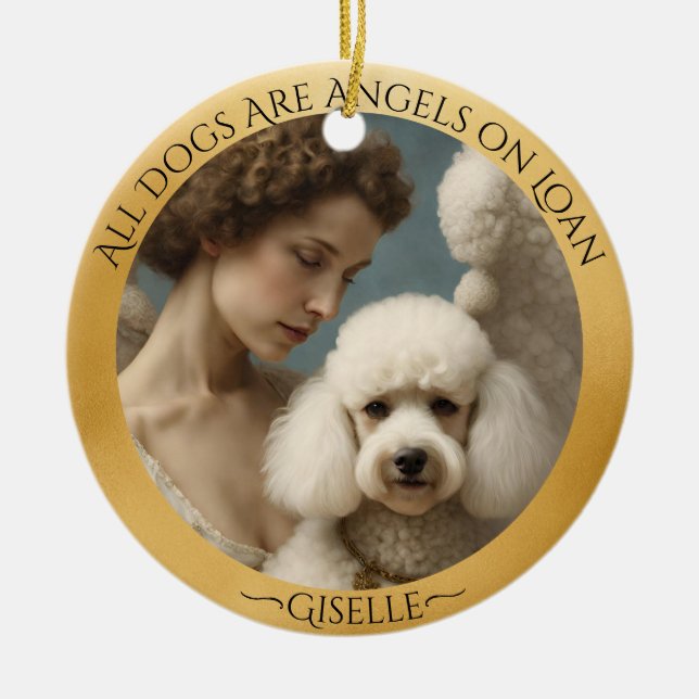 Ornamento De Cerâmica White Poodle Angel Personalizado Memorial (Frente)