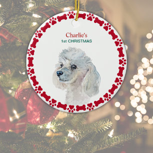 Ornamento De Cerâmica White Poodle Personalizado Watercolor Natal