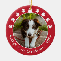 White Red Paw Prints Pet's First Christmas Photo