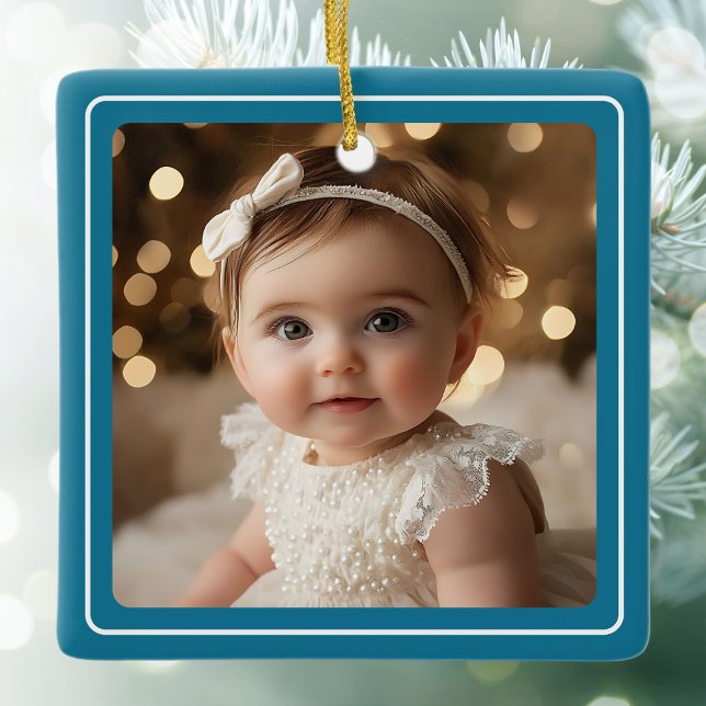 Ornamento De Cerâmica White Script de Natal Moderno com Foto do Bebê (Baby Photo Teal Modern Christmas White Script Ceramic Ornament)