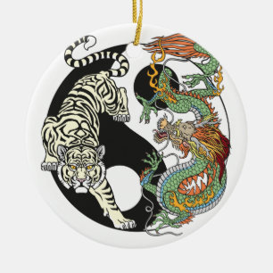 Ornamento De Cerâmica White tiger versus green dragon in the yin yang