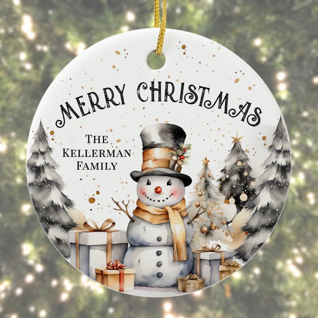 Ornamento De Cerâmica White Winter Feliz Natal (Black White Winter Snowman Merry Christmas Ceramic Ornament )