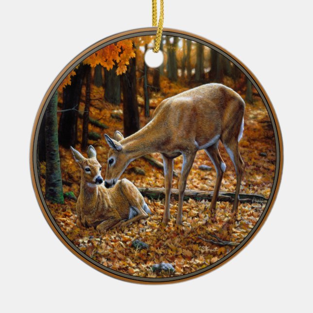 Ornamento De Cerâmica Whitetail Deer Doe e Fawn Autumn (Frente)