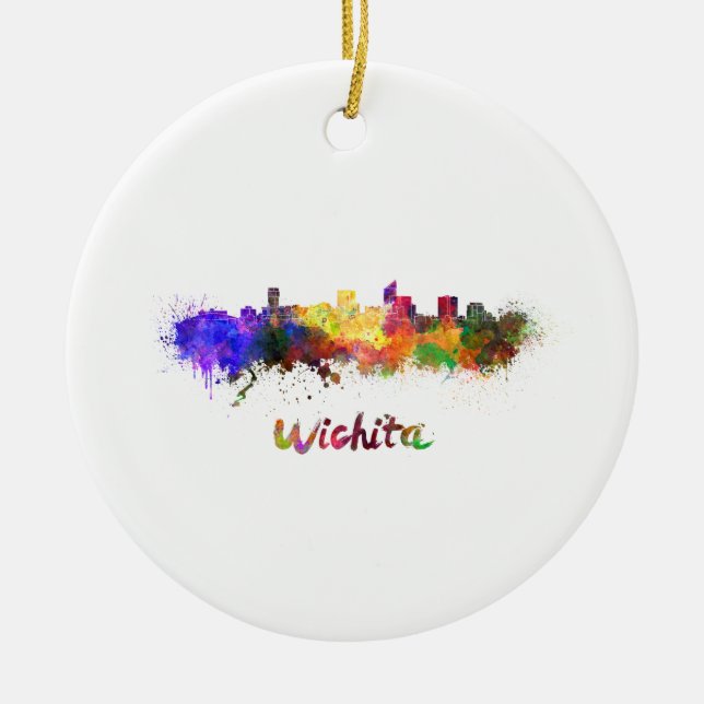 Ornamento De Cerâmica Wichita skyline em aquarela (Frente)