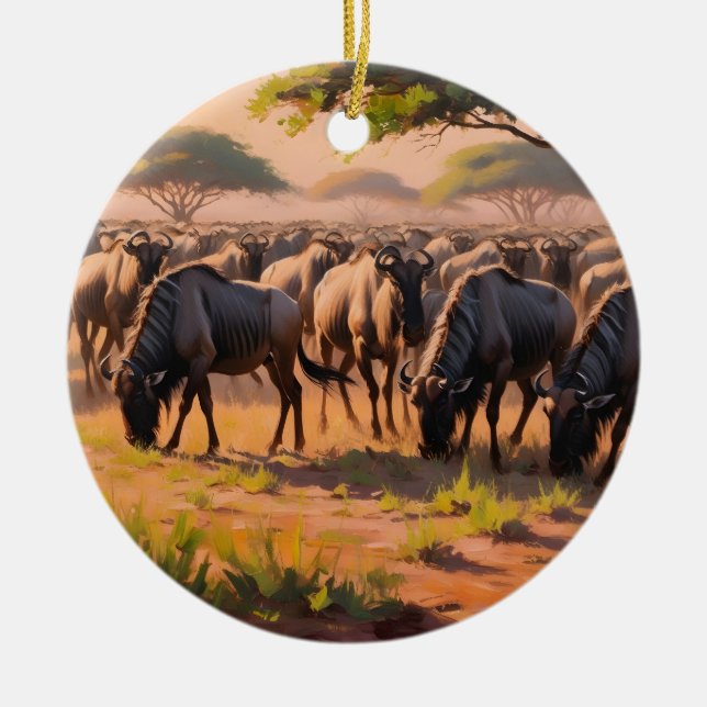 Ornamento De Cerâmica Wildebeest em savana (Frente)