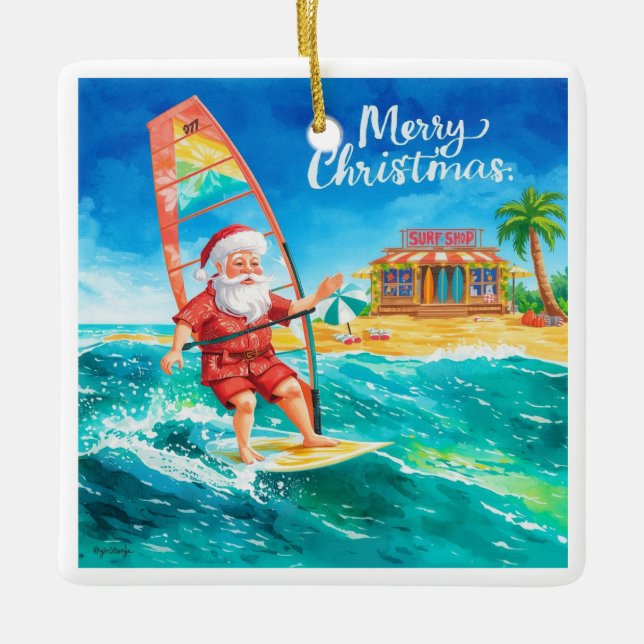 Ornamento De Cerâmica Windsurfing Santa Beach Christmas Card (Frente)