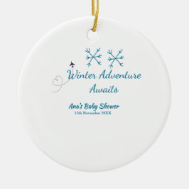 Ornamento De Cerâmica Winter Adventure awaits baby shower blue snowflake