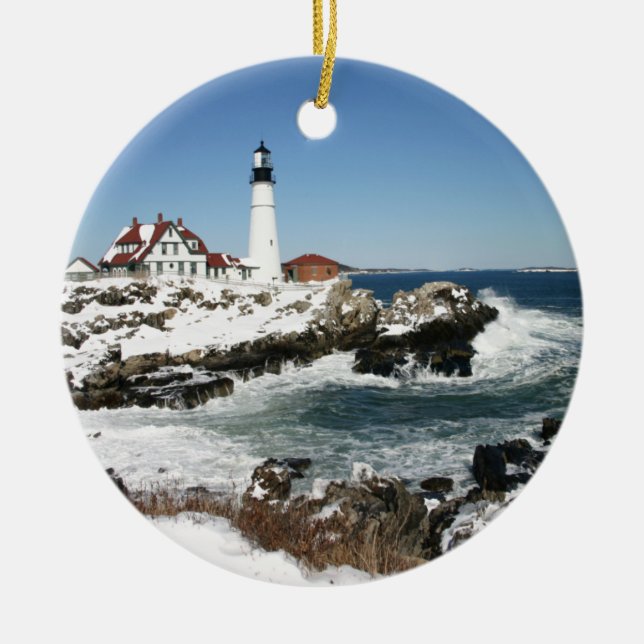 Ornamento De Cerâmica Winter at Portland Head Light (Frente)