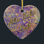 Ornamento De Cerâmica Winter Batik<br><div class="desc">Ornamento cerâmico em forma de coração com uma imagem, em ambos os lados, de púrpura, ouro e batik azul com padrão foliar. "Aku Suka Bali" (Eu amo Bali em Balinês) é impresso na frente em um roteiro dourado. Ver ornamento cerâmico em forma de t-shirt correspondente. Veja toda a coleção do...</div>