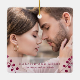 Ornamento De Cerâmica Winter Berries Pink Married and Merry Photo