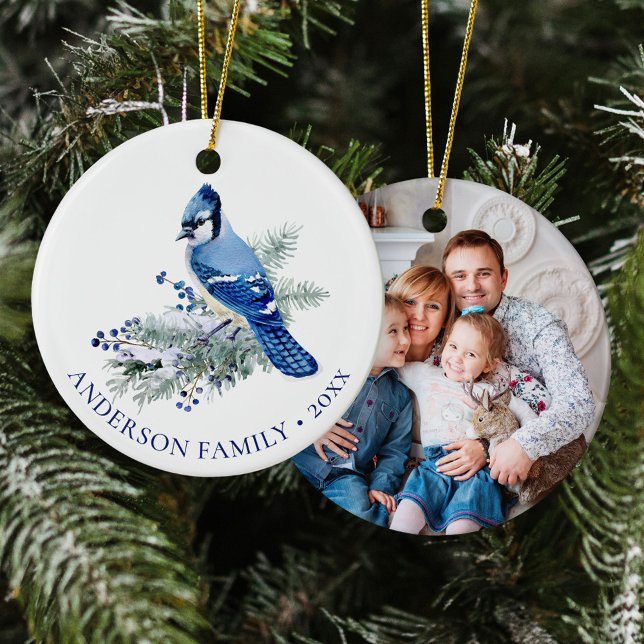 Ornamento De Cerâmica Winter Blue Jay Family Photo Christmas  (Criador carregado)