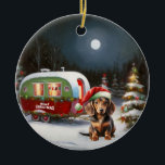 Ornamento De Cerâmica Winter Dachshund Caravan Christmas Adventure<br><div class="desc">Adotar a magia de uma noite de inverno nevada enquanto uma caravana desliza graciosamente através da paisagem iluminada pela lua. A beleza serena da neve escutadora e o brilho encantador da lua criam uma cena cativante,  prometendo uma aventura inesquecível de Natal cheia de calor,  alegria e memórias queridas.</div>