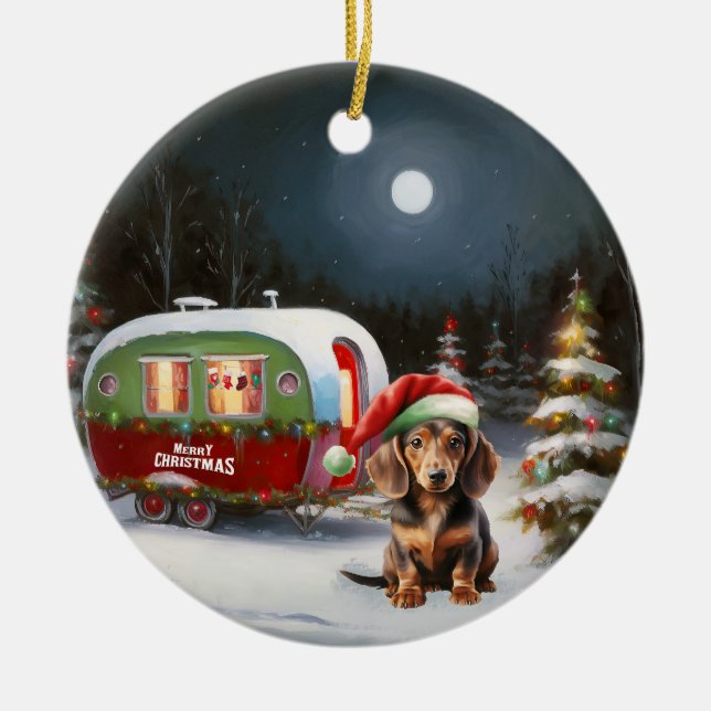 Ornamento De Cerâmica Winter Dachshund Caravan Christmas Adventure (Frente)