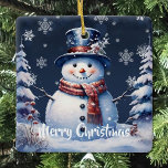 Ornamento De Cerâmica Winter Forest Snowman Natal<br><div class="desc">Adicione um toque encantador à sua árvore neste feriado com um Ornamento de Cerâmica de Férias de Natal da Floresta de inverno. Design de ornamento apresenta um bonitinho bonitinho de neve em um charmoso chapéu e cachecol em uma cena de floresta de inverno com neve caindo. Itens adicionais de presentes...</div>