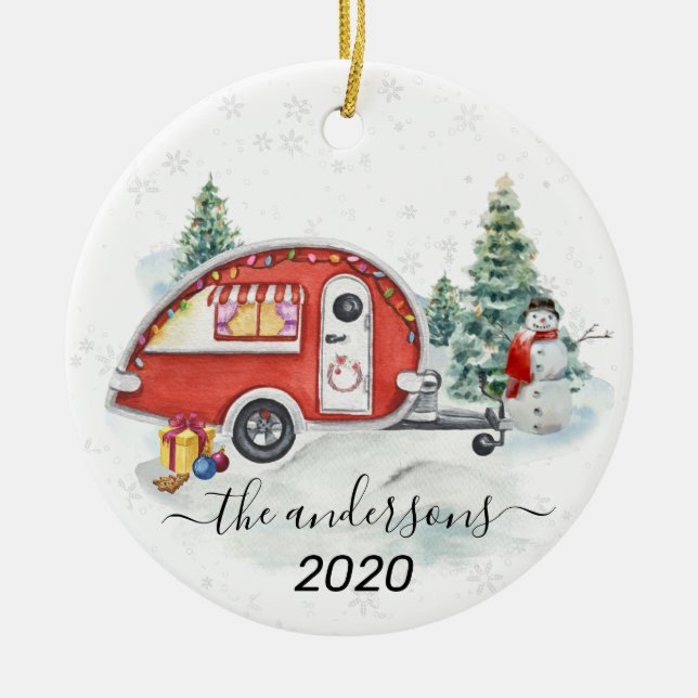 Ornamento De Cerâmica Winter Holiday RV Camper Monogram Family Snow  (Frente)