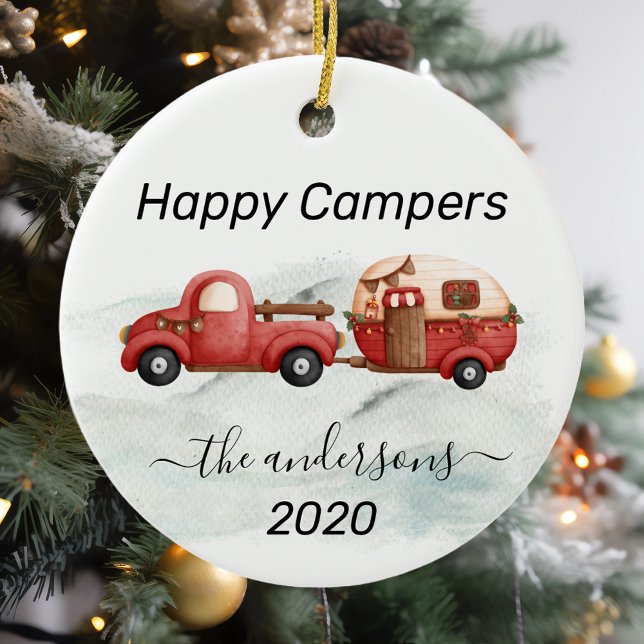 Ornamento De Cerâmica Winter Holiday RV Camper Monogram Happy Campers (Criador carregado)