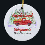 Ornamento De Cerâmica Winter Onederland First Christmas Red Truck<br><div class="desc">"One Derful Winter Adventure": Tire uma carona através da encantadora Holanda do inverno em um caminhão vermelho vintage! Com árvores nevadas criando um pano de fundo pitoresco, este Enfeites de natal captura a alegria e a maravilha de seu filho girar um. Prepare-se para uma comemoração alegre e divertida! Use o...</div>