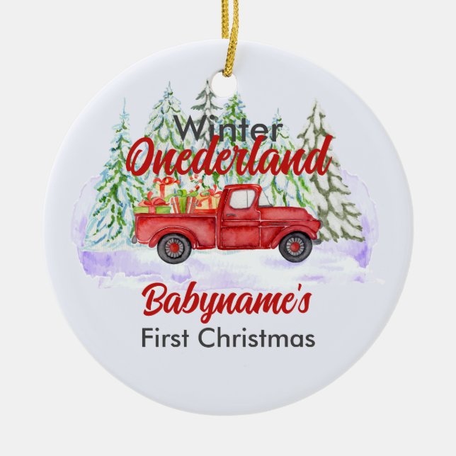 Ornamento De Cerâmica Winter Onederland First Christmas Red Truck (Frente)