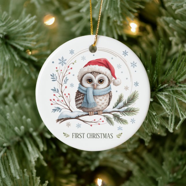 Ornamento De Cerâmica Winter Owl First Christmas Keepsake Photo (Árvore)