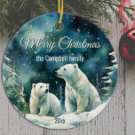 Ornamento De Cerâmica Winter Polar Bears Merry Christmas Family Name<br><div class="desc">Os Ursos Polares De Inverno Merry Christmas Family Name Cerâmica Ornament. Personalize com seu nome e o ano.</div>