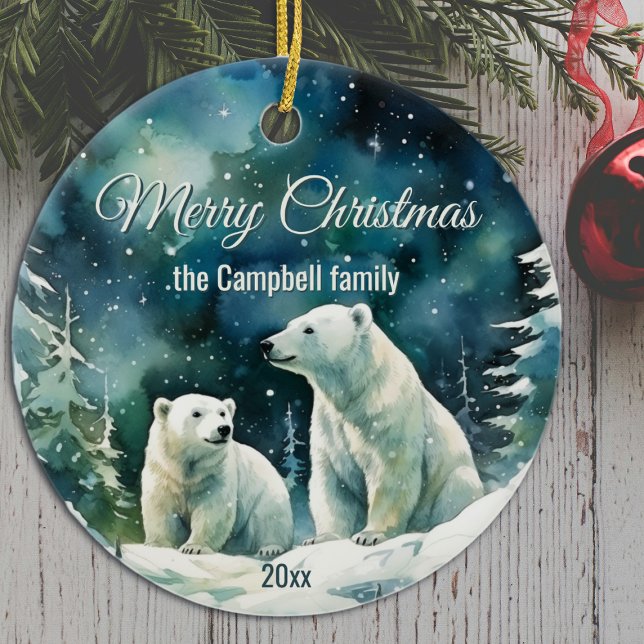 Ornamento De Cerâmica Winter Polar Bears Merry Christmas Family Name (Criador carregado)