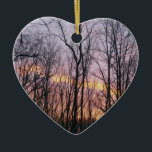 Ornamento De Cerâmica Winter Sunrise II<br><div class="desc">Um dos benefícios dos nasceres do sol tardios do inverno é que mais pessoas podem apreciar as cores vibrantes. Aqui estão as cores de ouro-preguiçoso de um nascer do sol de inverno moldadas pelas silhuetas de árvores em uma floresta. Veja em nossa loja mais fotografias da paisagem de inverno incluindo...</div>