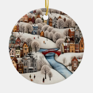 Ornamento De Cerâmica Winter Village Scene Cozy Snowy Town 