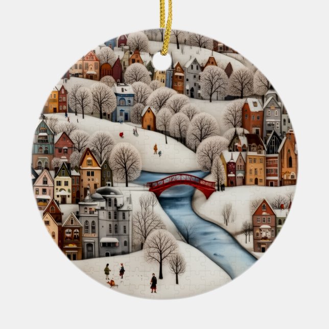 Ornamento De Cerâmica Winter Village Scene Cozy Snowy Town  (Frente)
