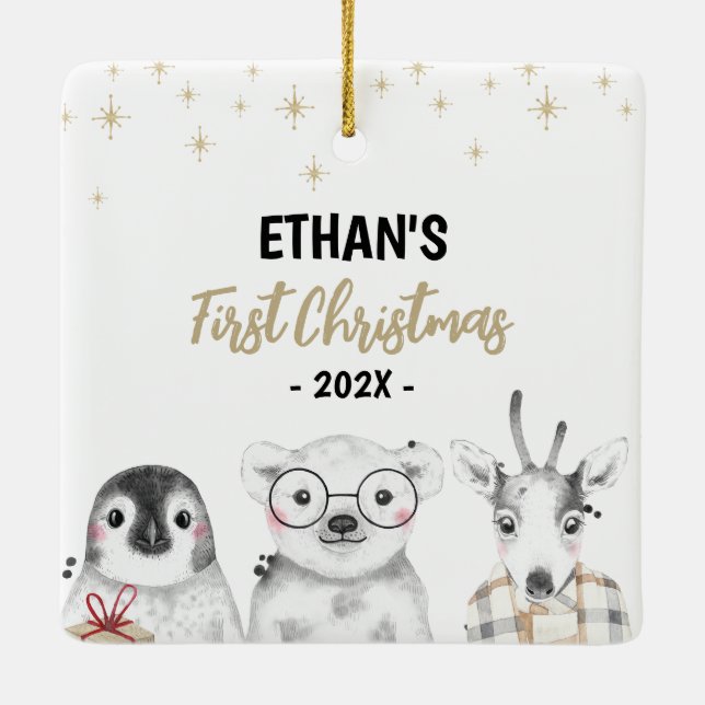 Ornamento De Cerâmica Winter Wonderland First Christmas Photo Cerâmica O (Verso)