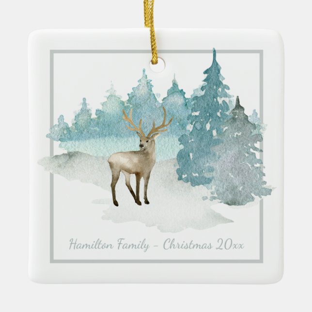 Ornamento De Cerâmica Winter Woodland Deer Personalized Christmas (Frente)
