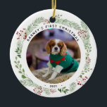 Ornamento De Cerâmica Winter Wreath Dog's Photo Christmas<br><div class="desc">Christmas Photo ornament featuring a botanical winter wreath and your dog's favorite photo. Personalize it with his/her name and year.
Change the text and personalize it as you prefer.</div>