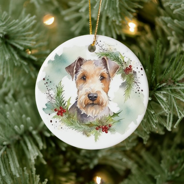 Ornamento De Cerâmica Wirefox Terrier Wreath de Natal Festivo Pup (Árvore)