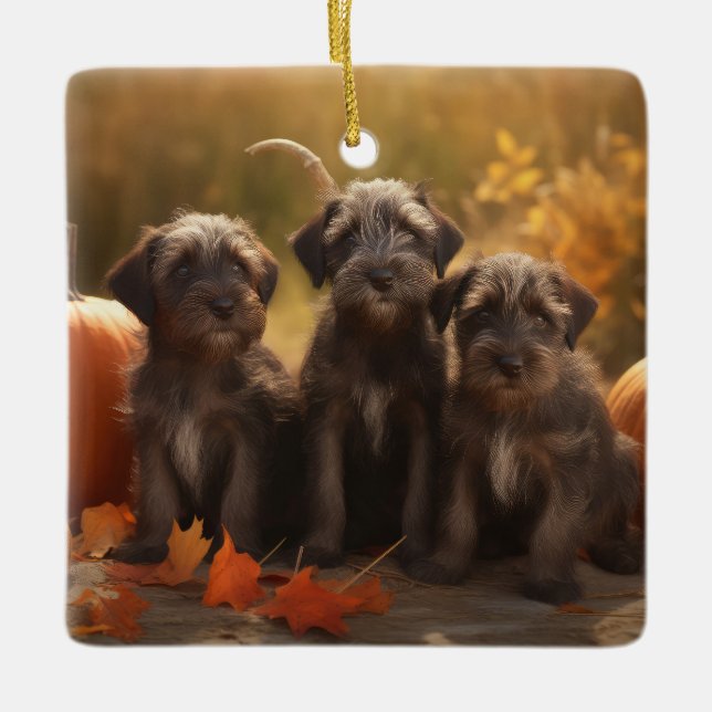 Ornamento De Cerâmica Wirehaired Pointing Griffon Puppy Autumn (Frente)