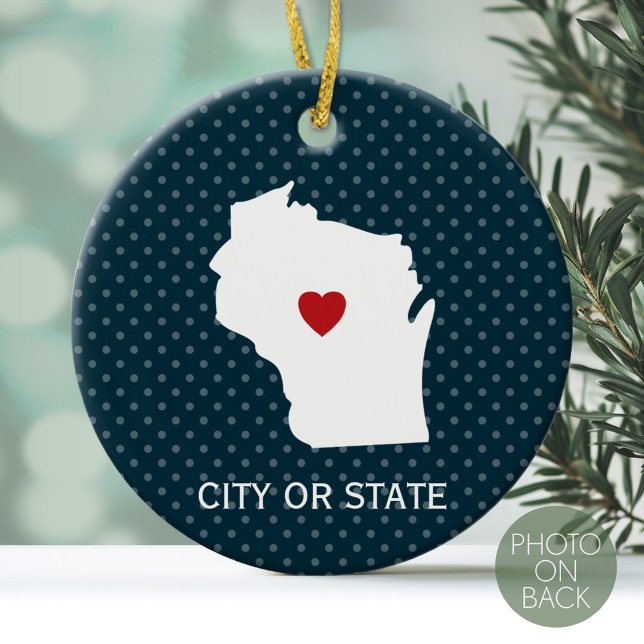 Ornamento De Cerâmica Wisconsin Map Home State Love Custom City Blue (Personalized Photo Ornament)