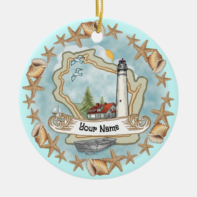 Ornamento De Cerâmica Wisconsin Shells Lighthouse Ornament (Frente)