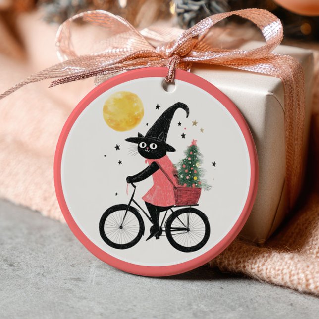 Ornamento De Cerâmica Witch Black Cat Cycling Xmas Tree Witchy Christmas (Criador carregado)