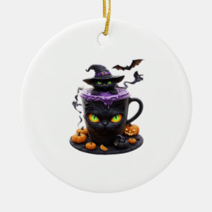 Ornamento De Cerâmica Witch Cat Halloween Latte Café Criativo Assustado