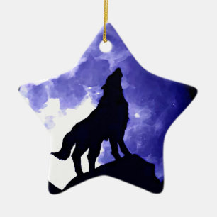 Ornamento De Cerâmica Wolf Silhouette e Lua Completa