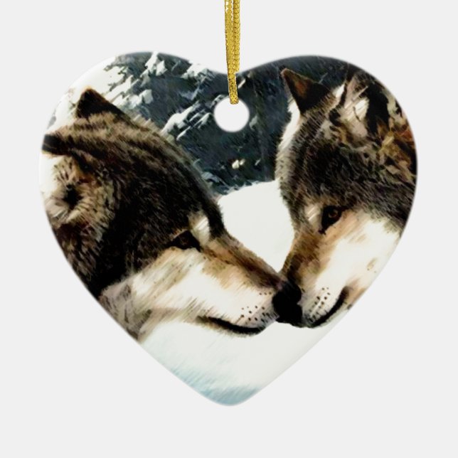 Ornamento De Cerâmica Wolf Snow Winter Casal Love (Frente)