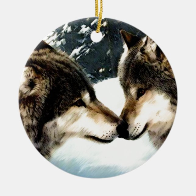 Ornamento De Cerâmica Wolf Snow Winter Casal Love (Frente)