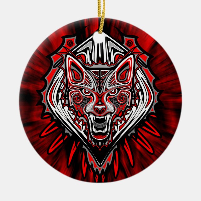 Ornamento De Cerâmica Wolf Tattoo Style Haida Art Circle Ornament (Frente)